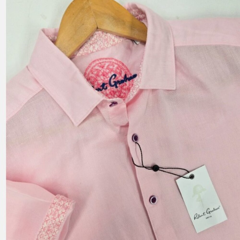 Robert Graham Mens Borsi Linen Blend Short Sleeve Button Shirt Large Pink NWT